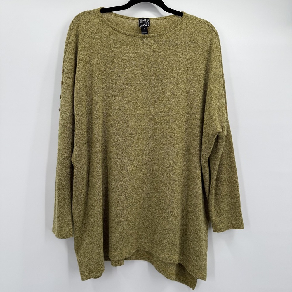 Clara Sunwoo Sweater Womens Medium Green Asymmetrical Hem Tunic Knit Pullover